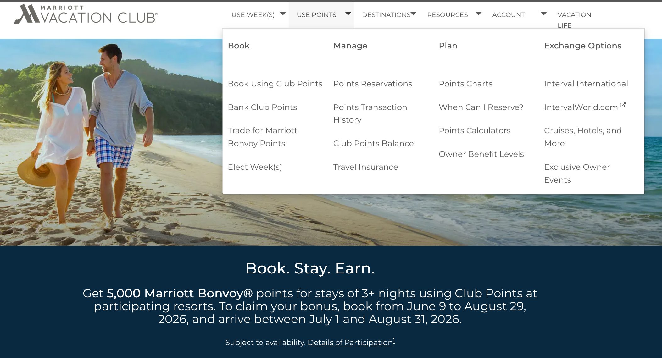 Use Points menu open on Marriott Vacation Club site