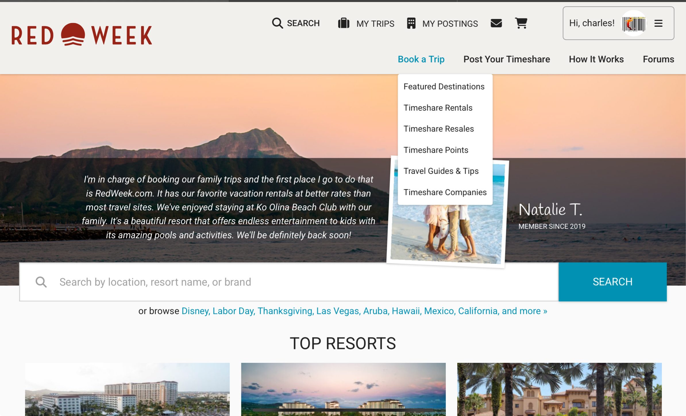 RedWeek Book a Trip menu open