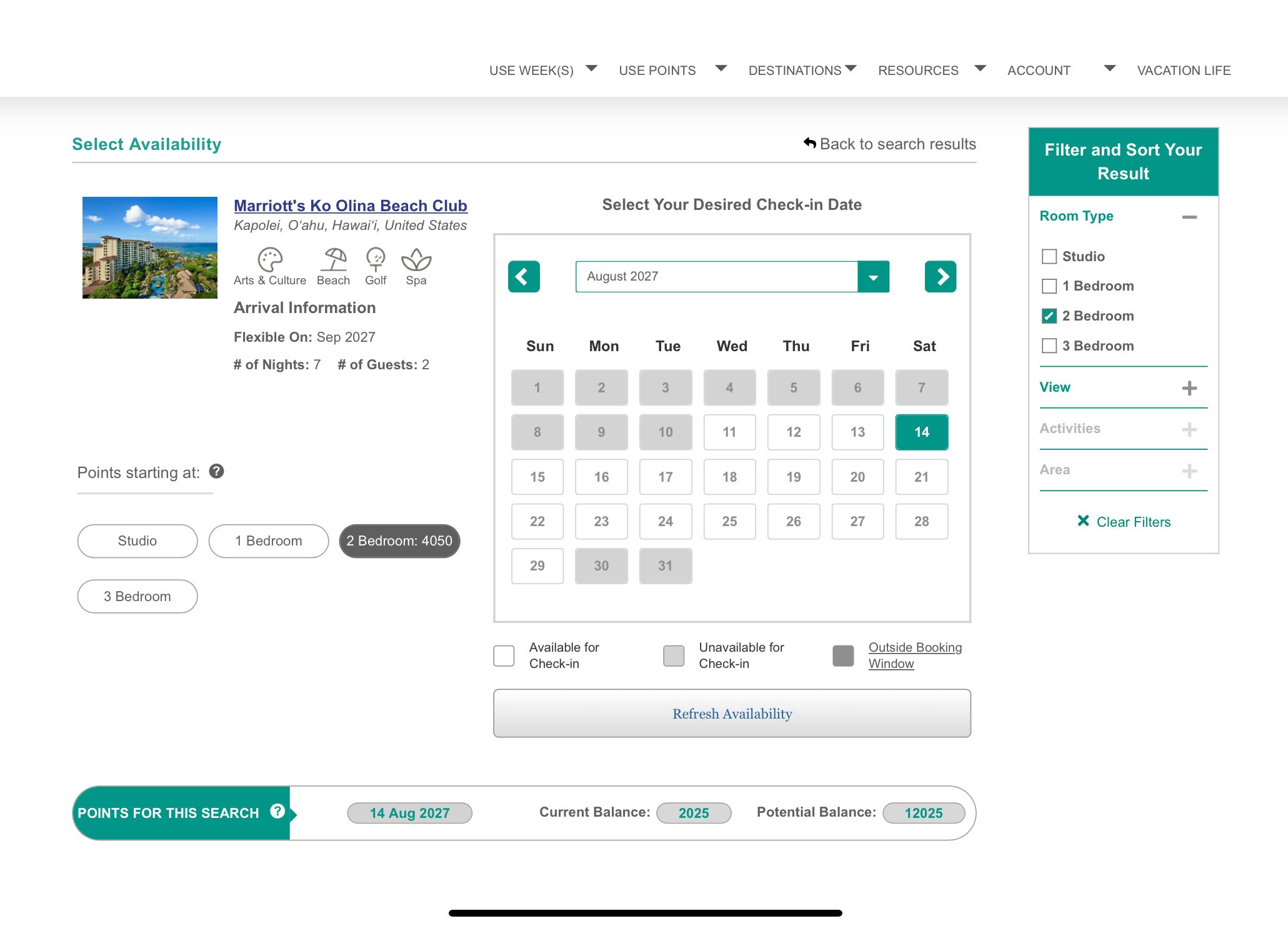 Select availability calendar filtered to 2 bedroom