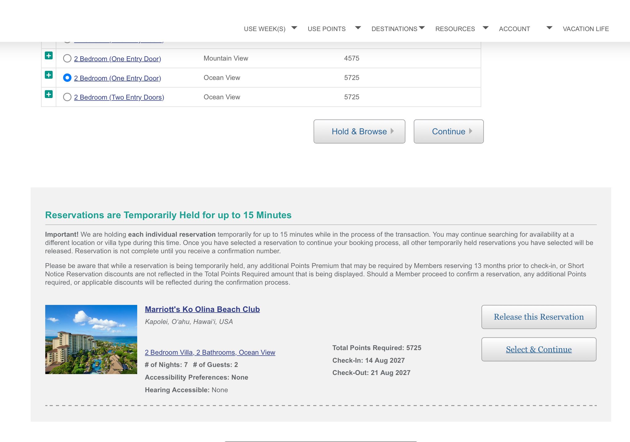 Hold and Browse button and 15 minute hold notice
